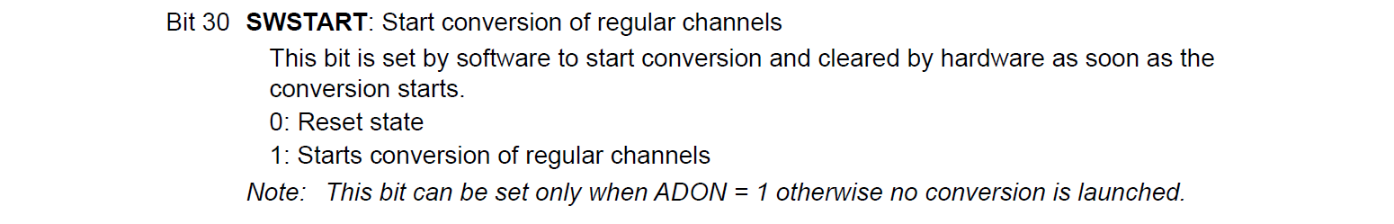 STM32F767 reference manual Section 15.13.3: ADC CR2 SWSTART